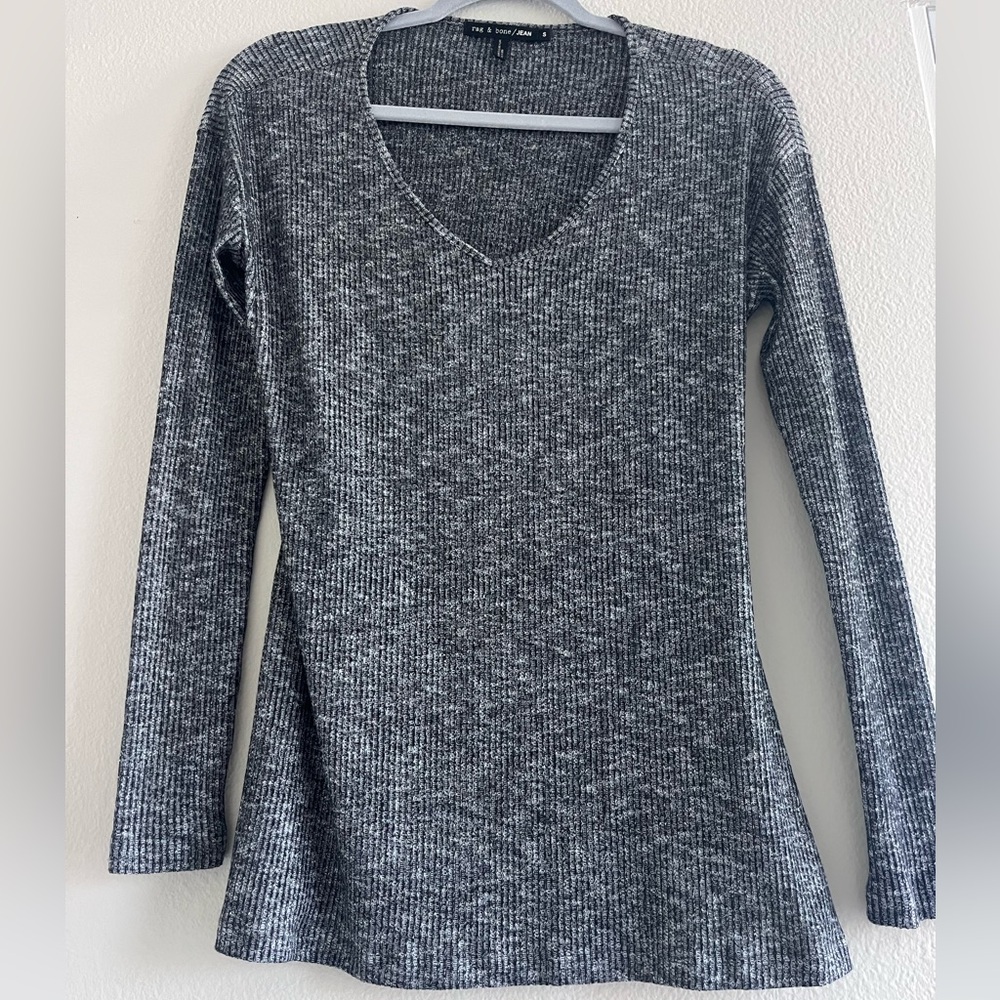 Rag & Bone  Heather Gray Ribbed V-Neck Long Sleeve Top Size S